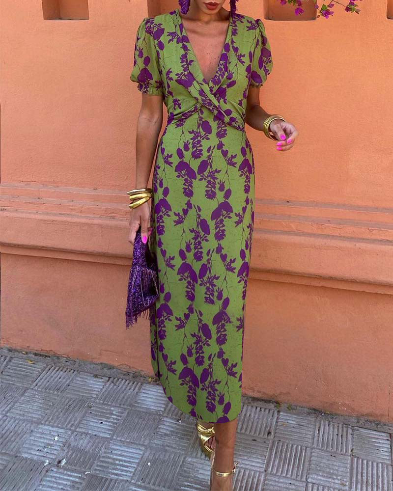 Elegant leaf print deep V puff sleeve A-line dress