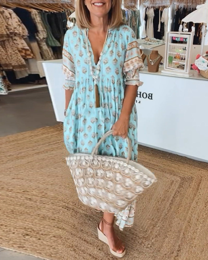 Casual printed V-neck half-sleeve dress