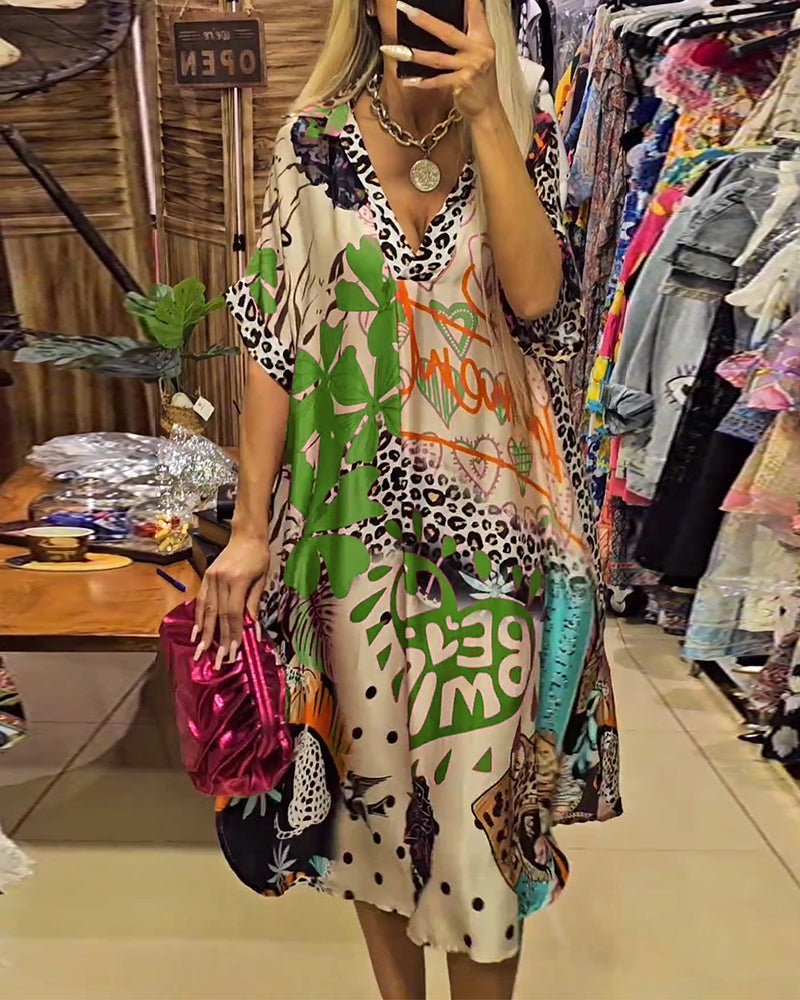 Casual leopard and colorful print deep V dress