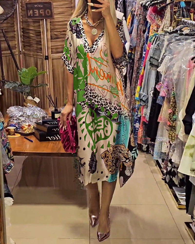 Casual leopard and colorful print deep V dress