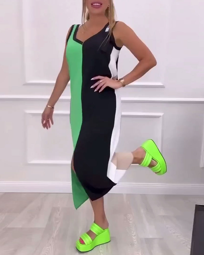 Fashionable Contrast Color Slit Dress