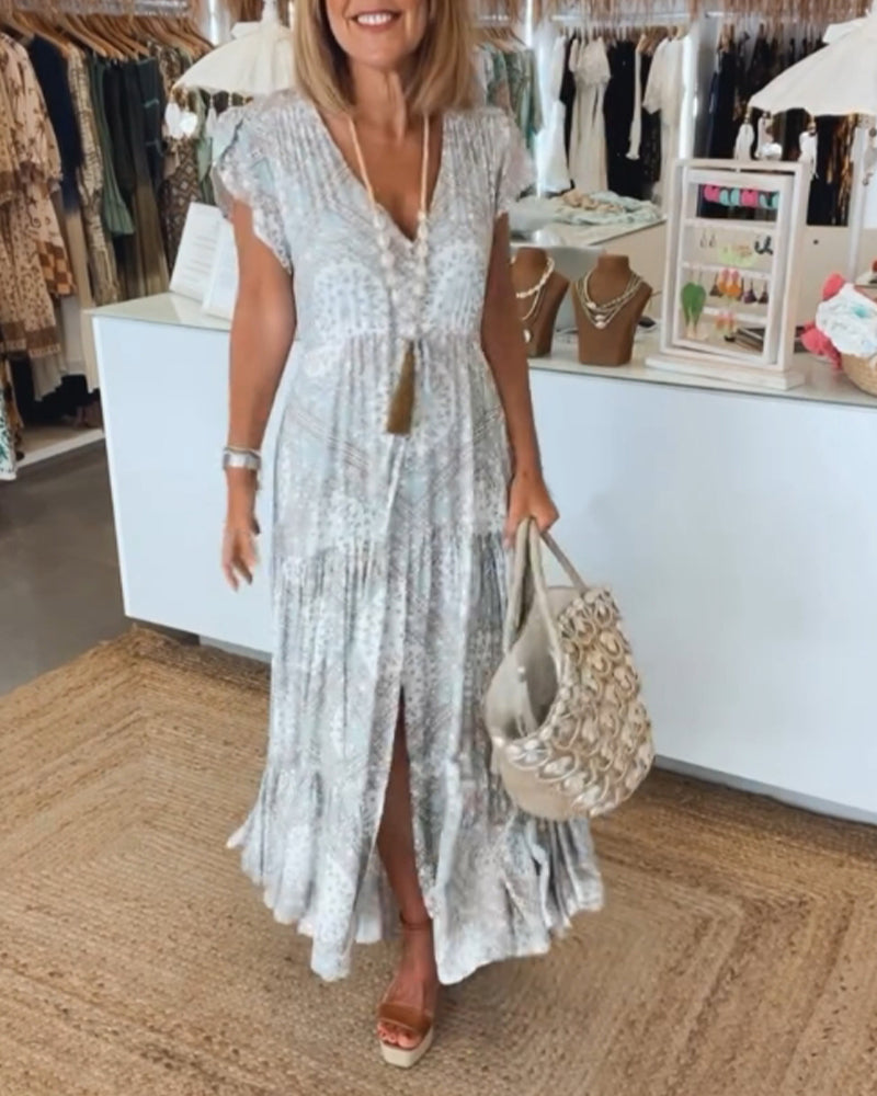 Vacation print V-neck split sleeve dress