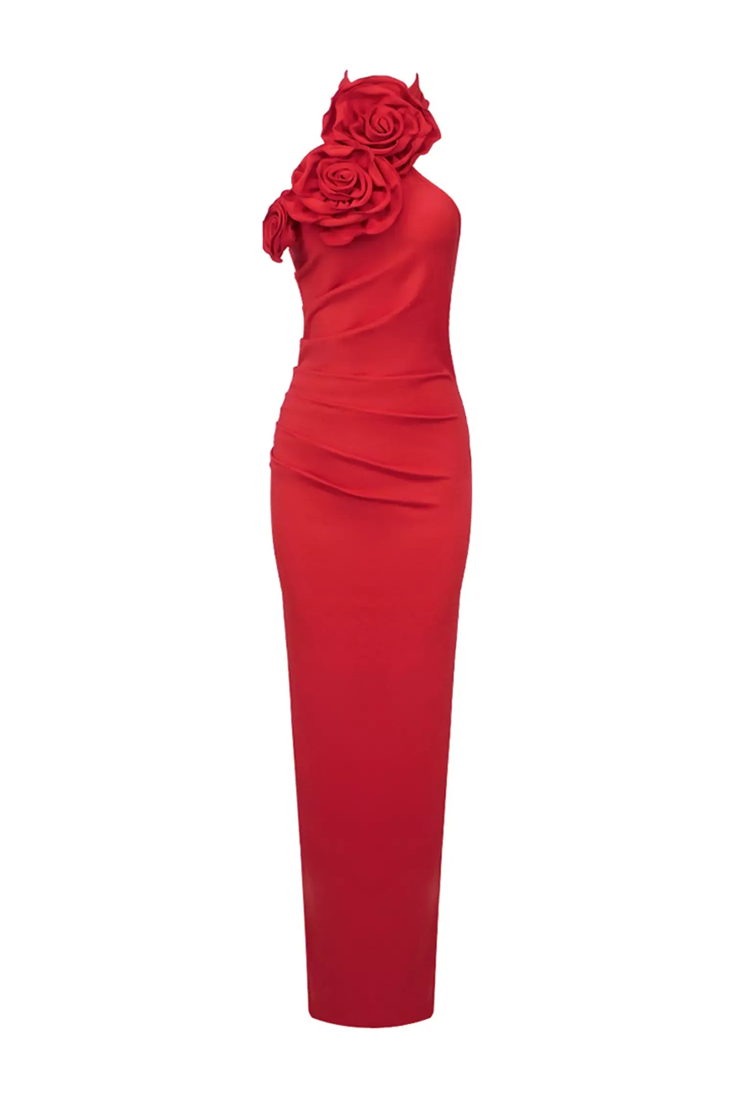 Aylin Red Floral Ruched Halter Maxi Dress