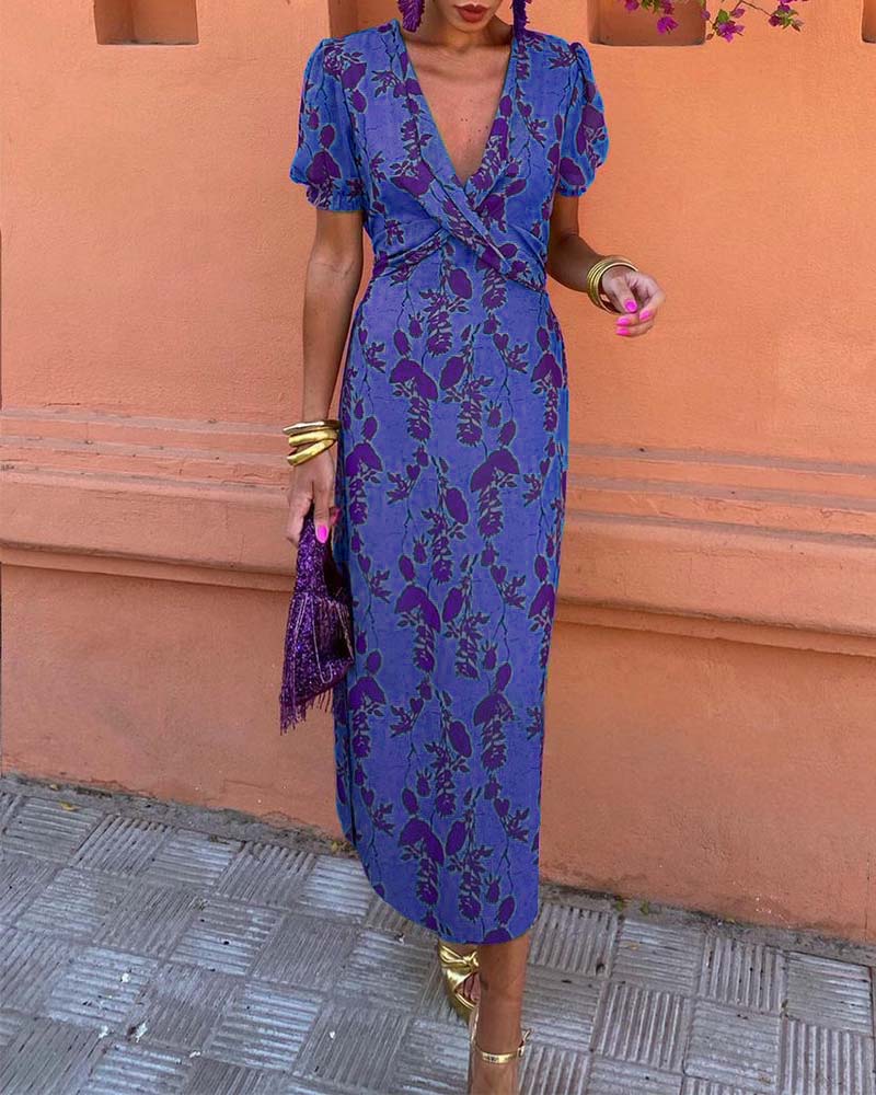 Elegant leaf print deep V puff sleeve A-line dress