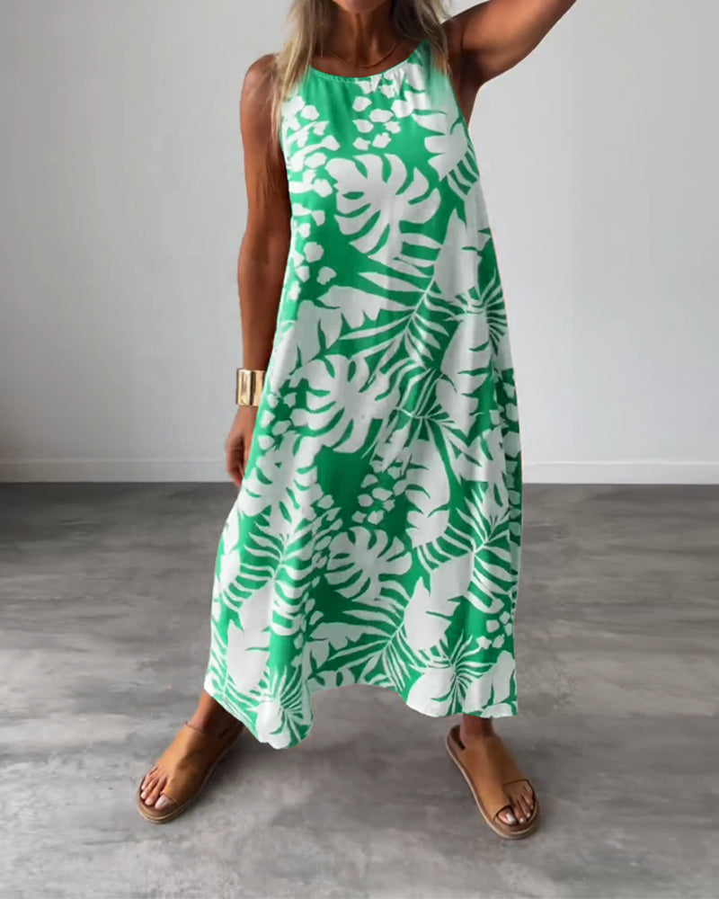 Leaf print casual sleeveless dress