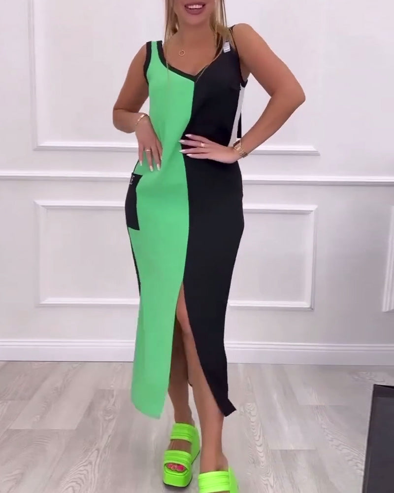 Fashionable Contrast Color Slit Dress