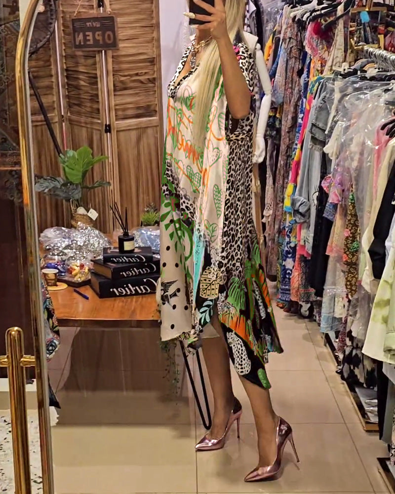 Casual leopard and colorful print deep V dress