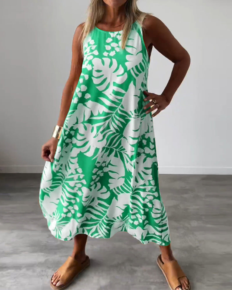 Leaf print casual sleeveless dress