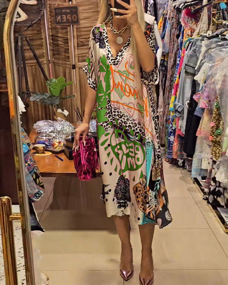 Casual leopard and colorful print deep V dress