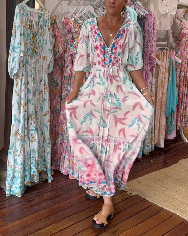 Women's V-neck leaf print maxi dress