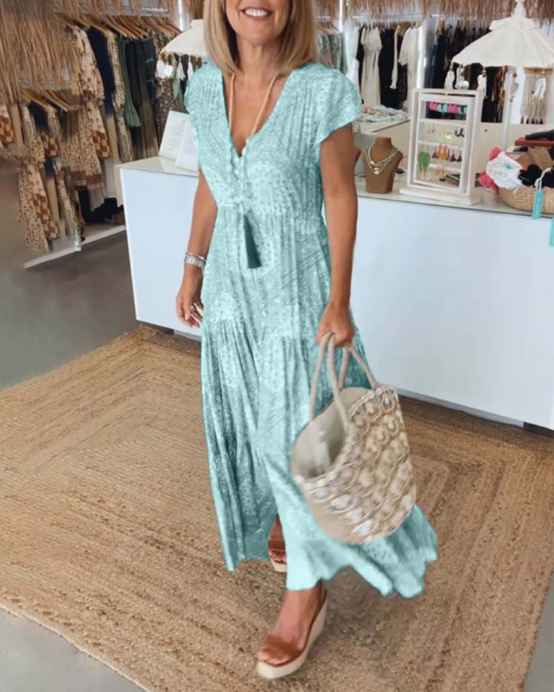 Vacation print V-neck split sleeve dress