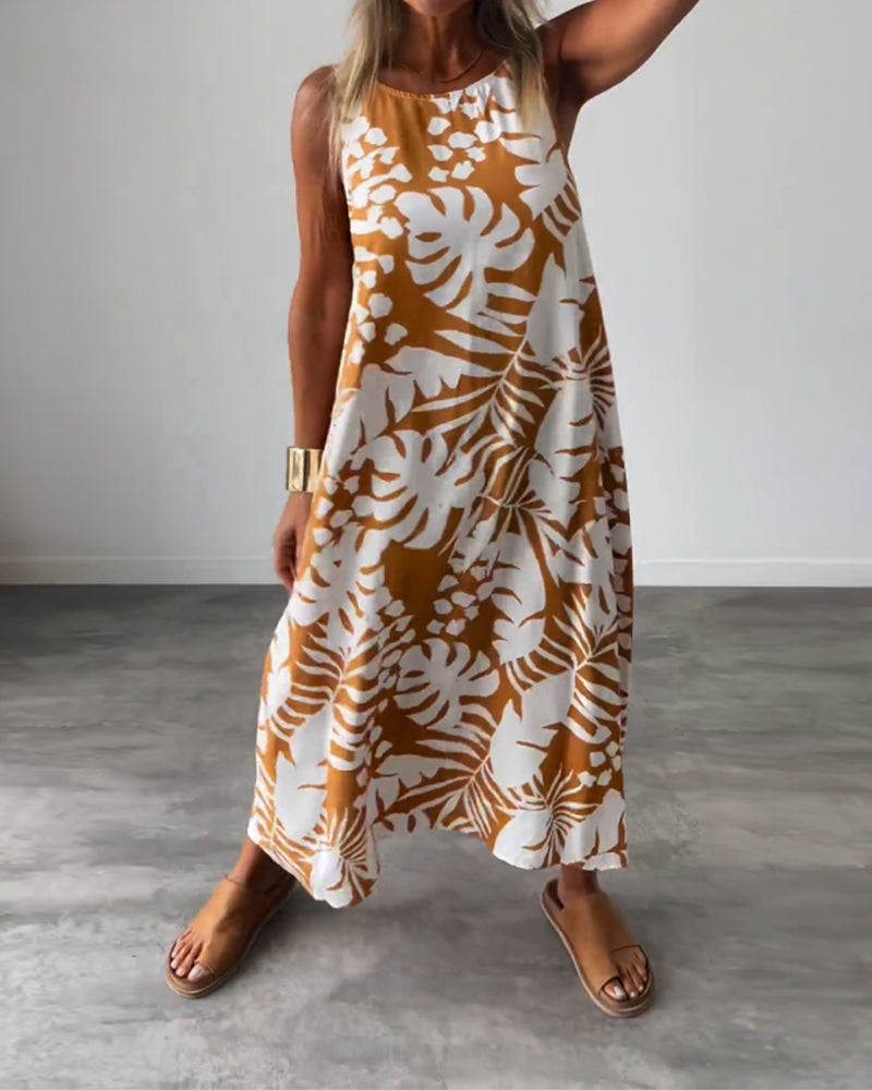 Leaf print casual sleeveless dress