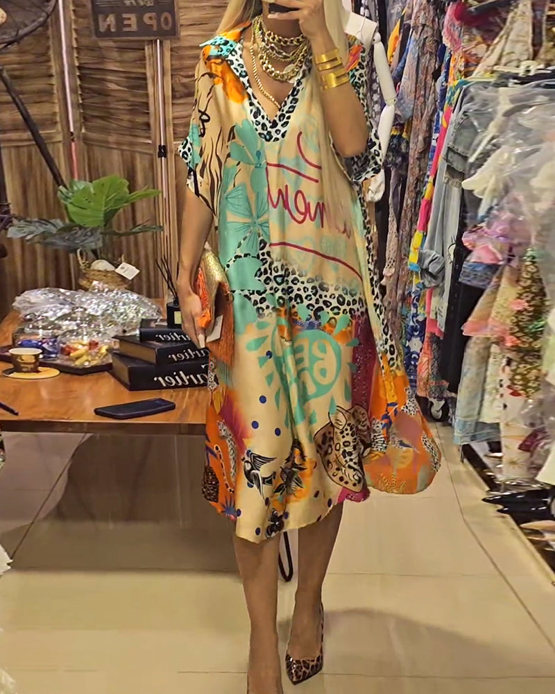 Casual leopard and colorful print deep V dress