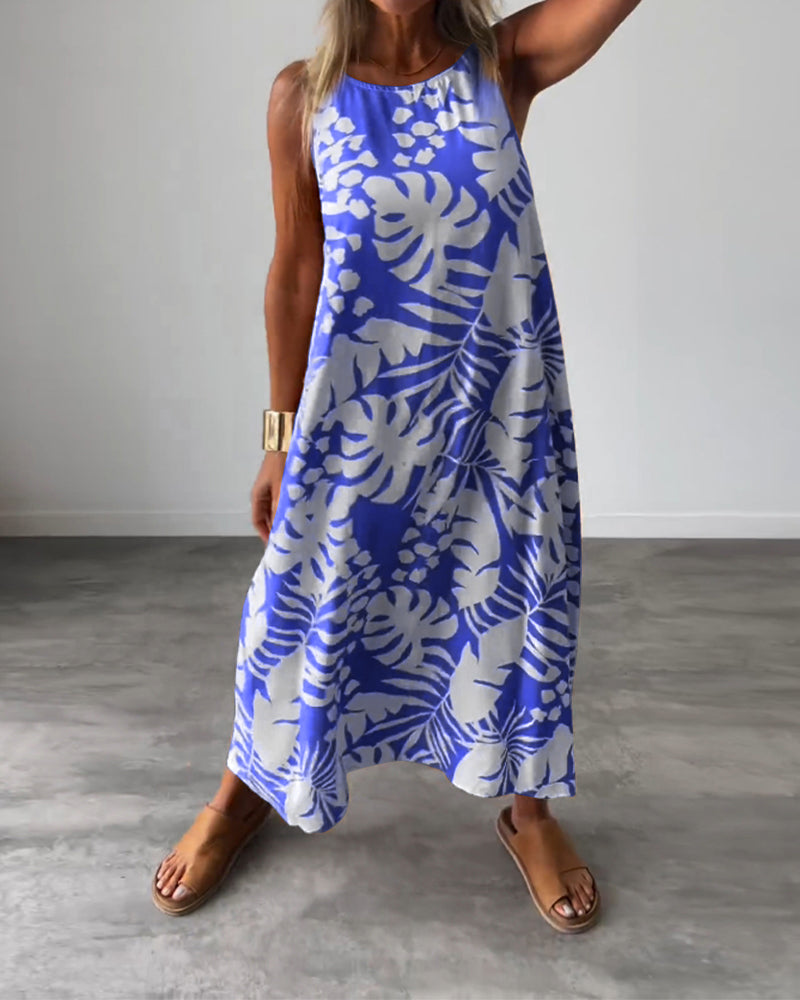 Leaf print casual sleeveless dress