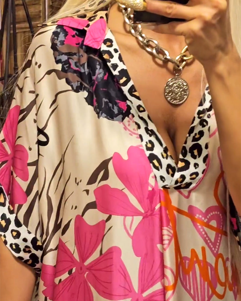 Casual leopard and colorful print deep V dress