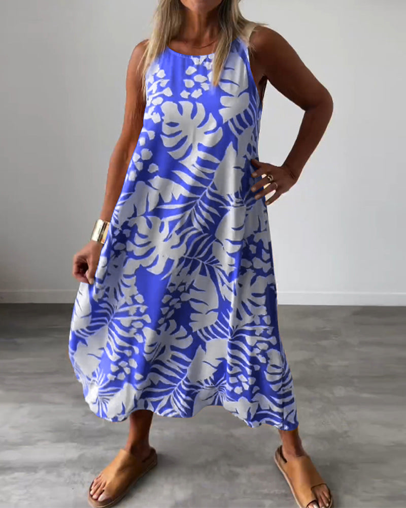 Leaf print casual sleeveless dress