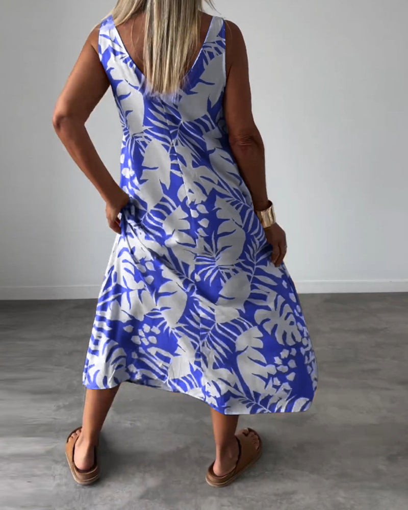 Leaf print casual sleeveless dress