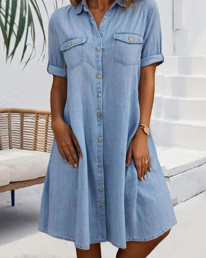 Short Sleeve Lapel Solid Button Dress