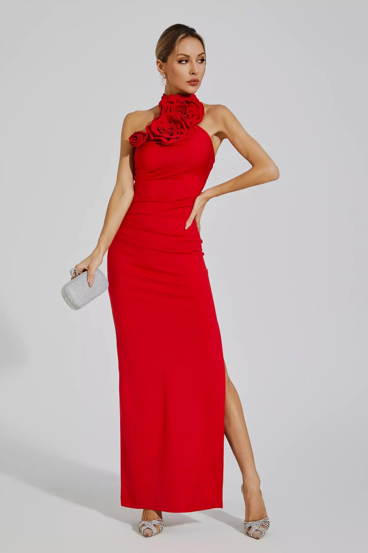 Aylin Red Floral Ruched Halter Maxi Dress