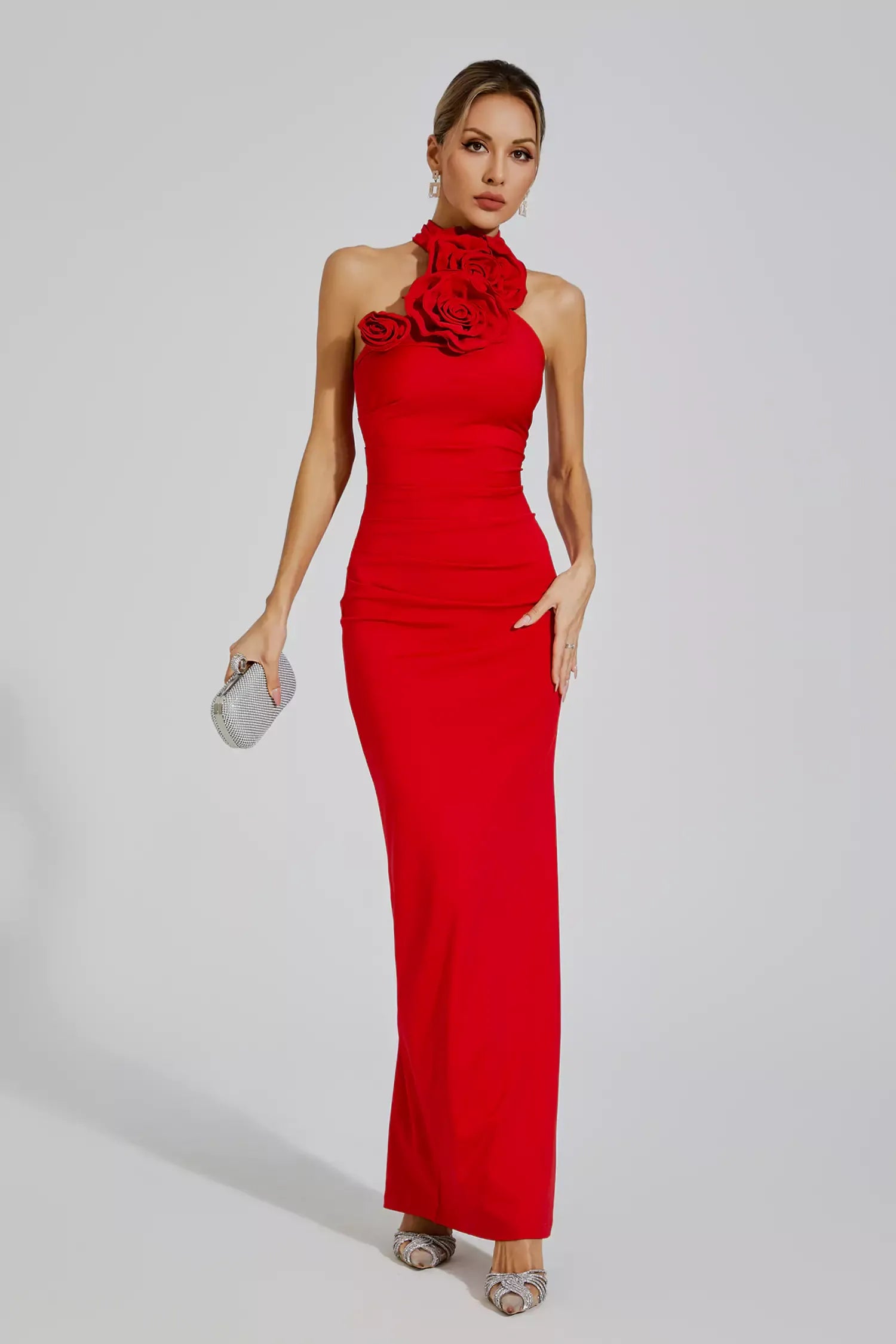 Aylin Red Floral Ruched Halter Maxi Dress