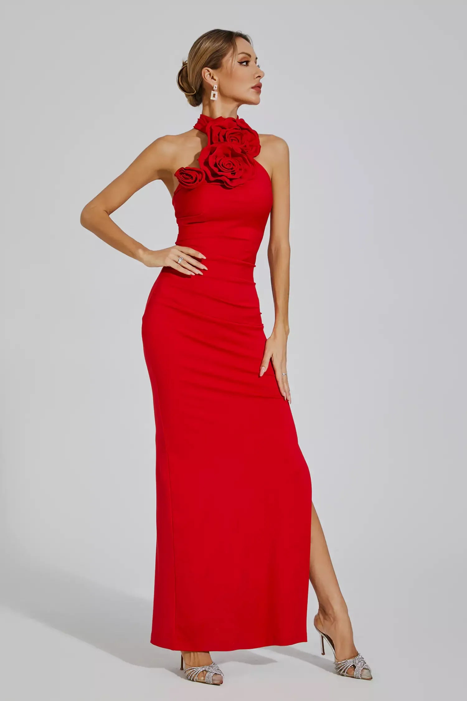 Aylin Red Floral Ruched Halter Maxi Dress