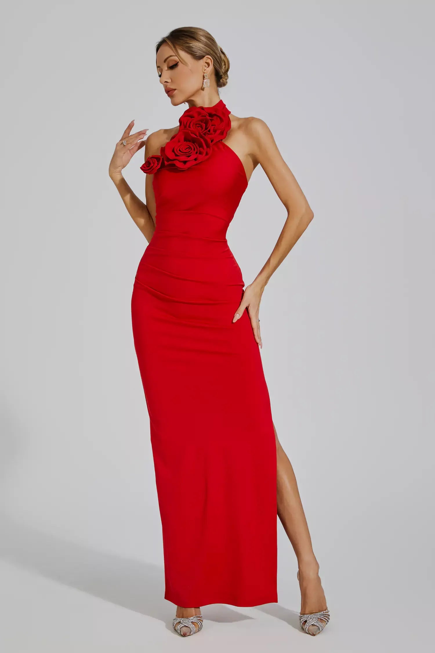 Aylin Red Floral Ruched Halter Maxi Dress