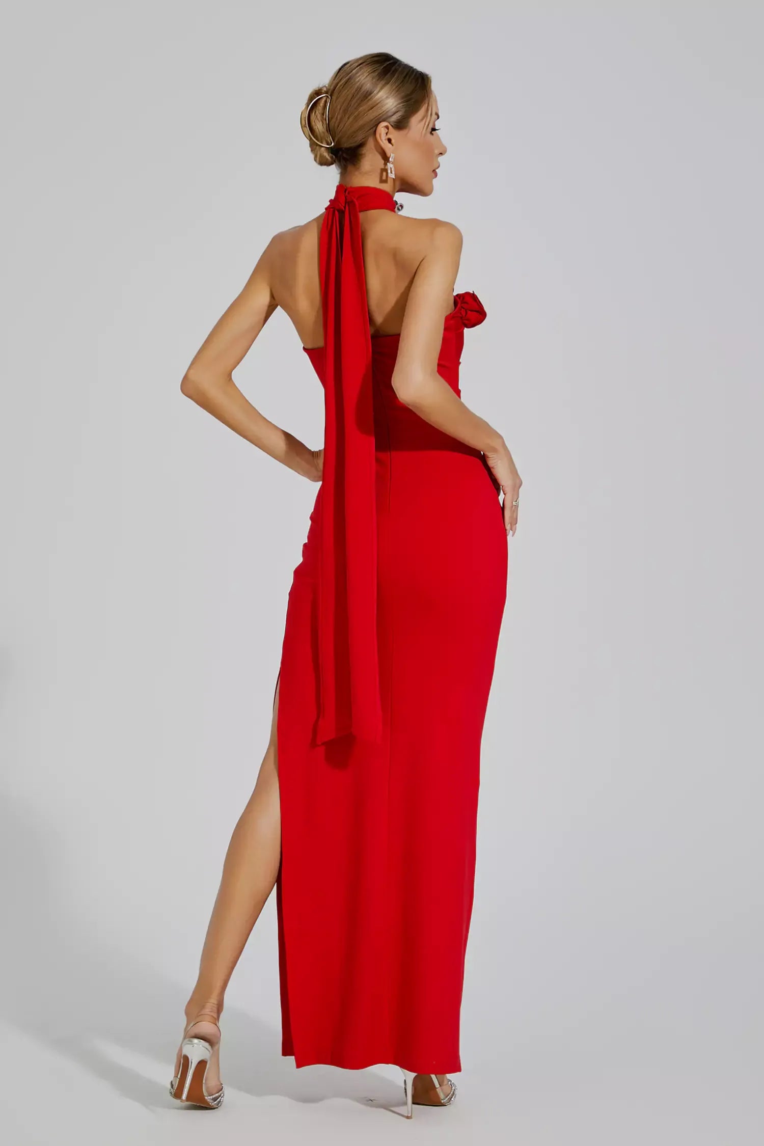 Aylin Red Floral Ruched Halter Maxi Dress