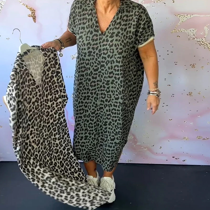 V-neck short-sleeved leopard print dress