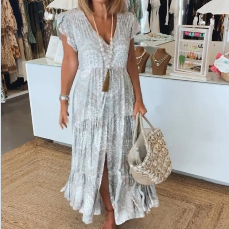 Vacation print V-neck split sleeve dress