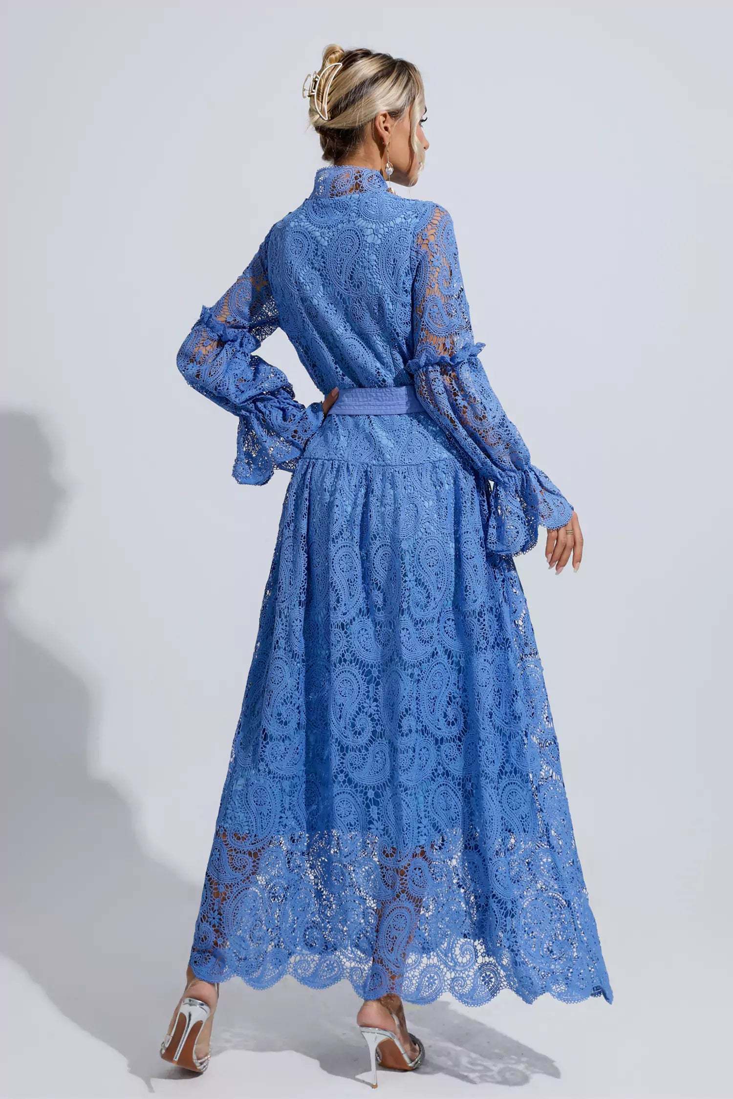 Esmeralda Blue Lace Floral Cutout Maxi Dress