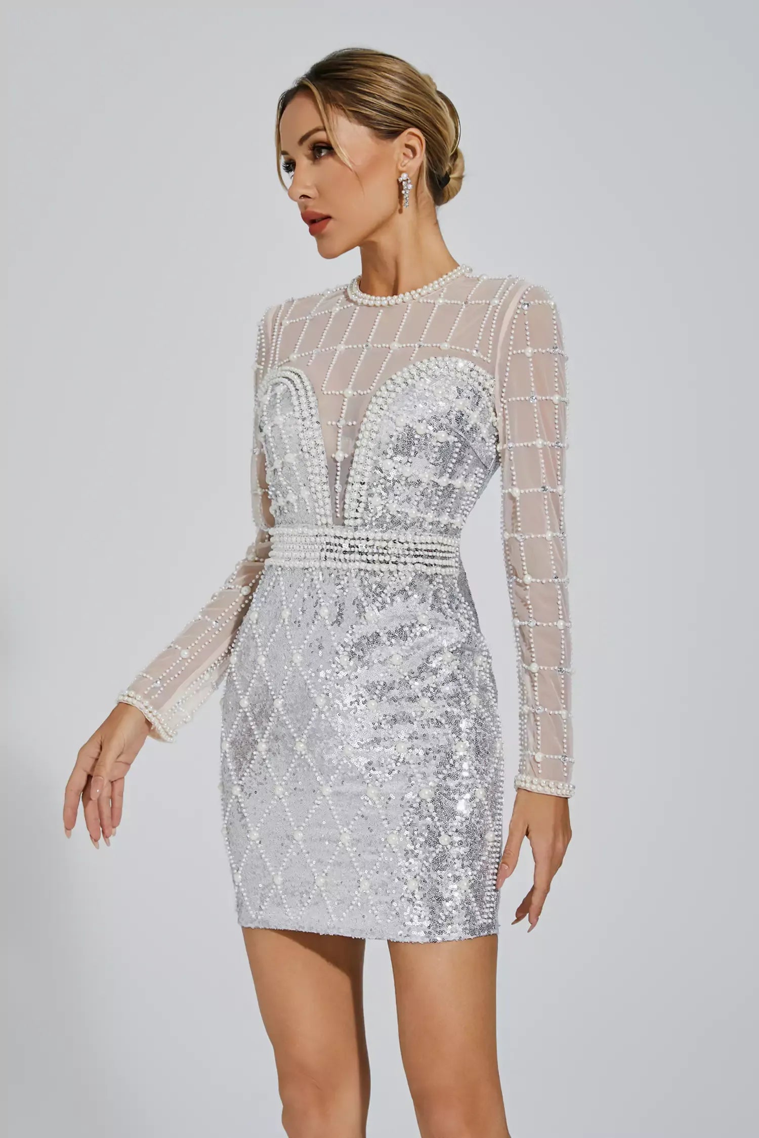 Iliana Silver Pearl Embellished Sequin Dress