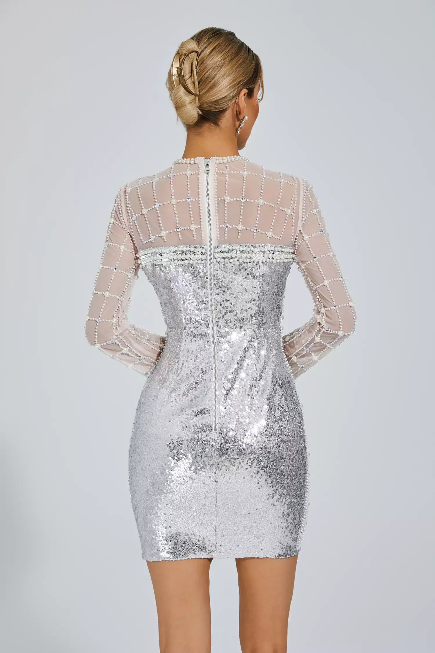 Iliana Silver Pearl Embellished Sequin Dress