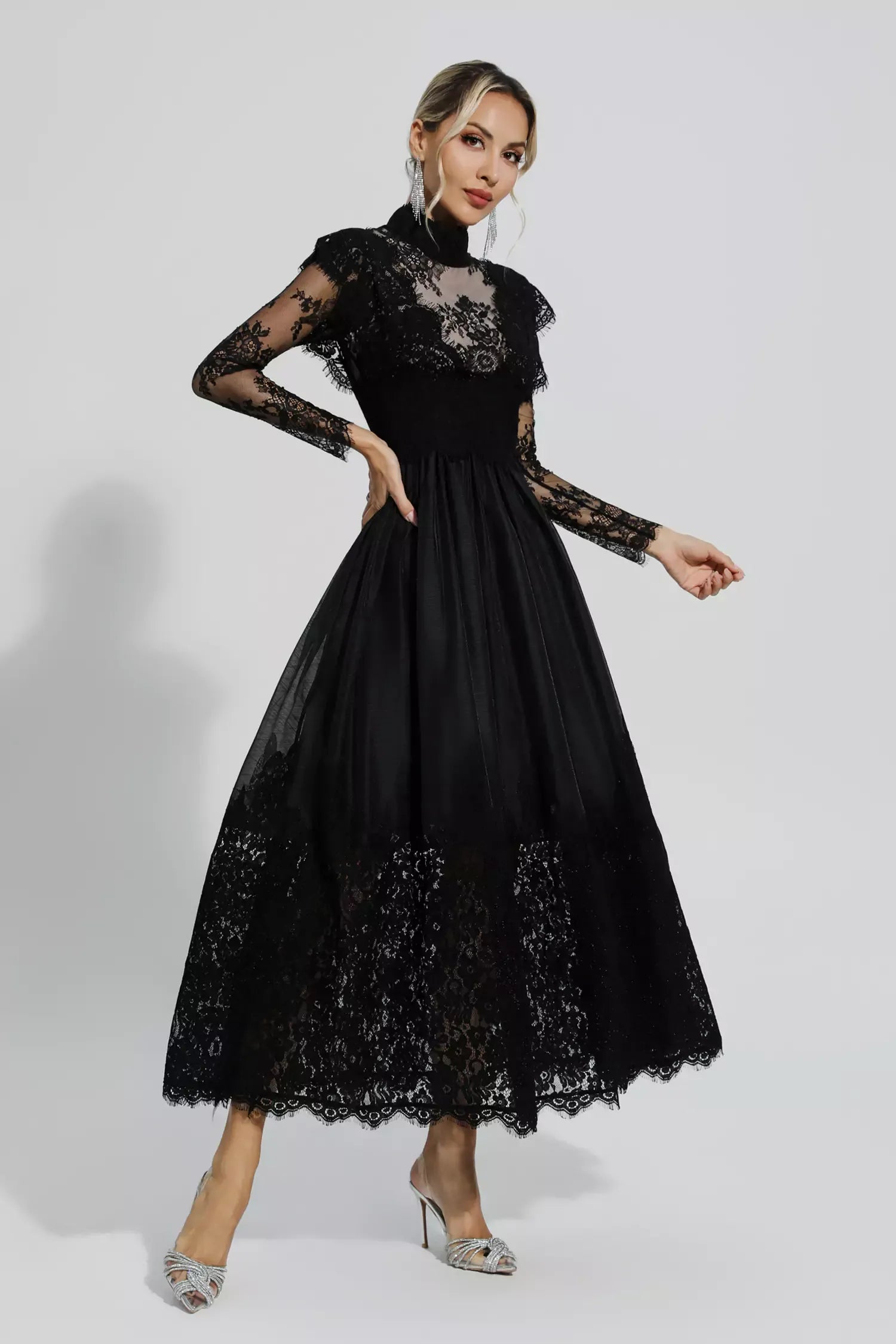 Jamie Black Floral Lace Stitching Long Sleeve Dress