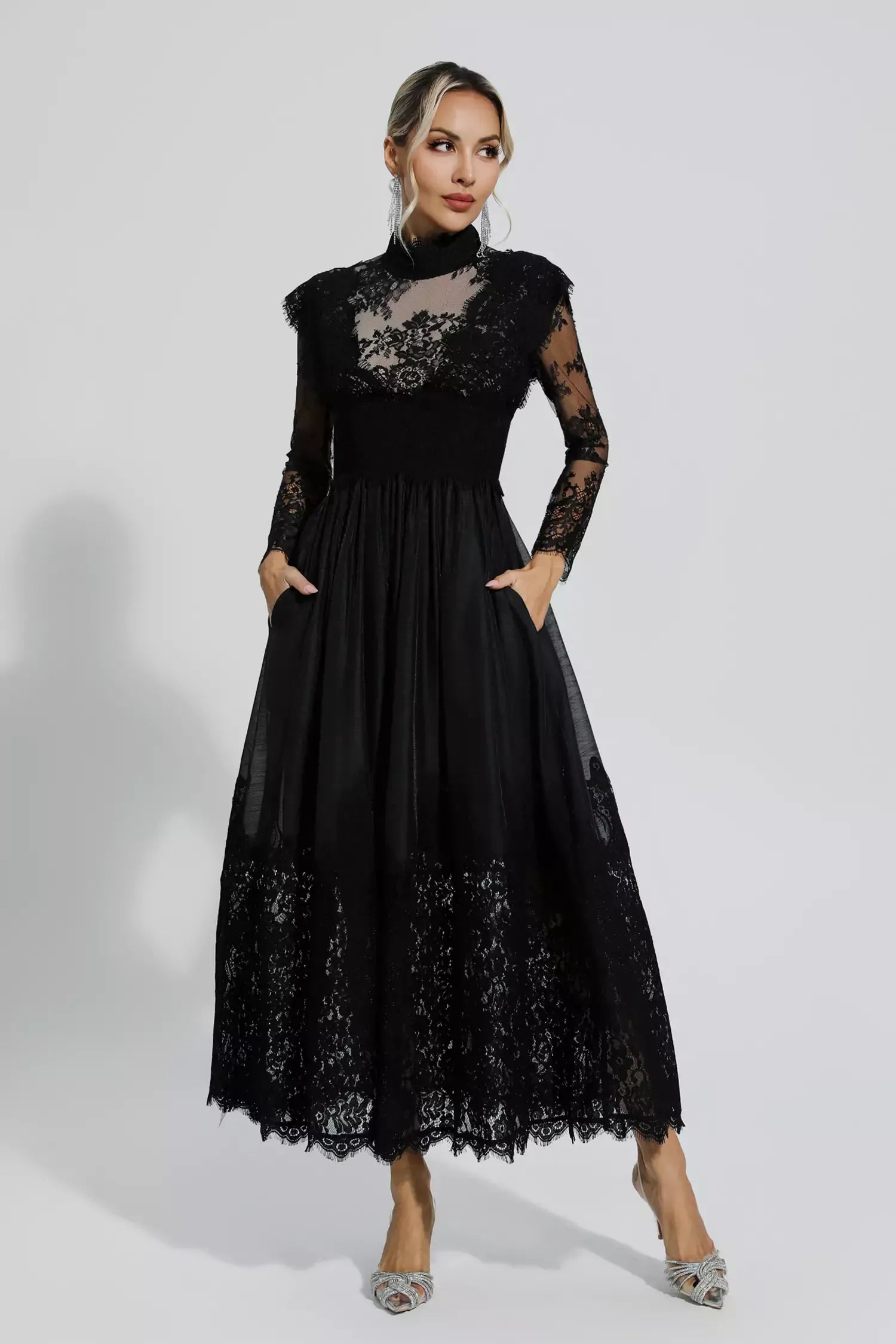 Jamie Black Floral Lace Stitching Long Sleeve Dress