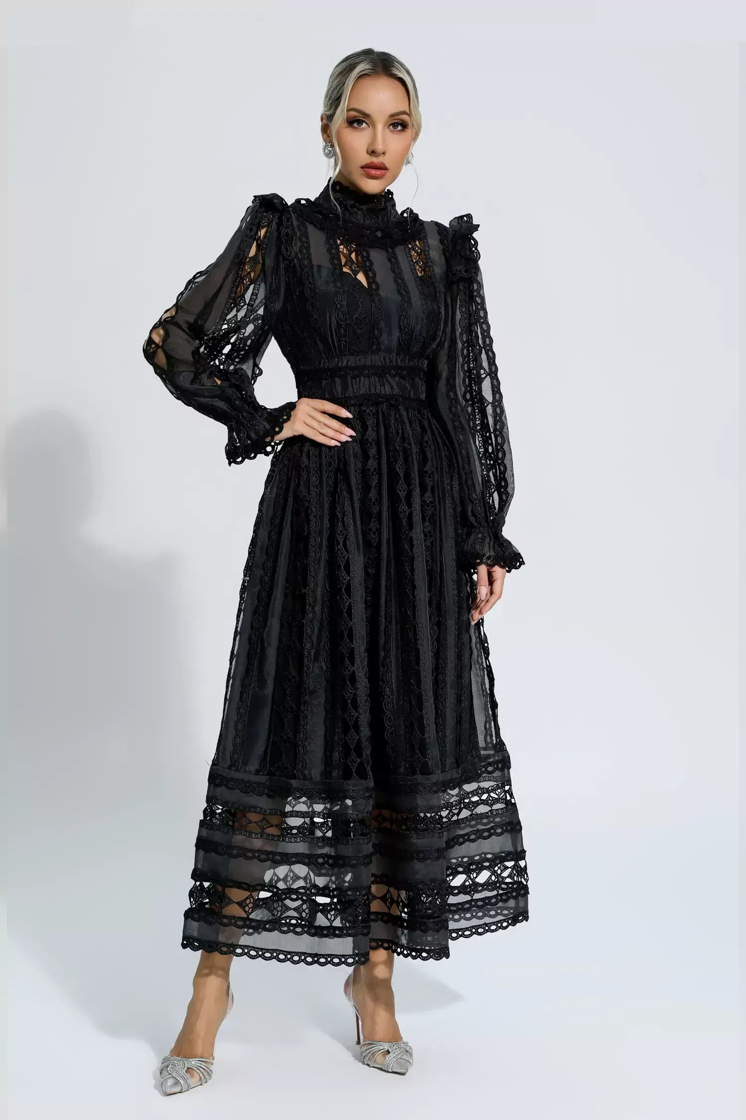 Mariam Black Hollow Lace Long Sleeve Dress