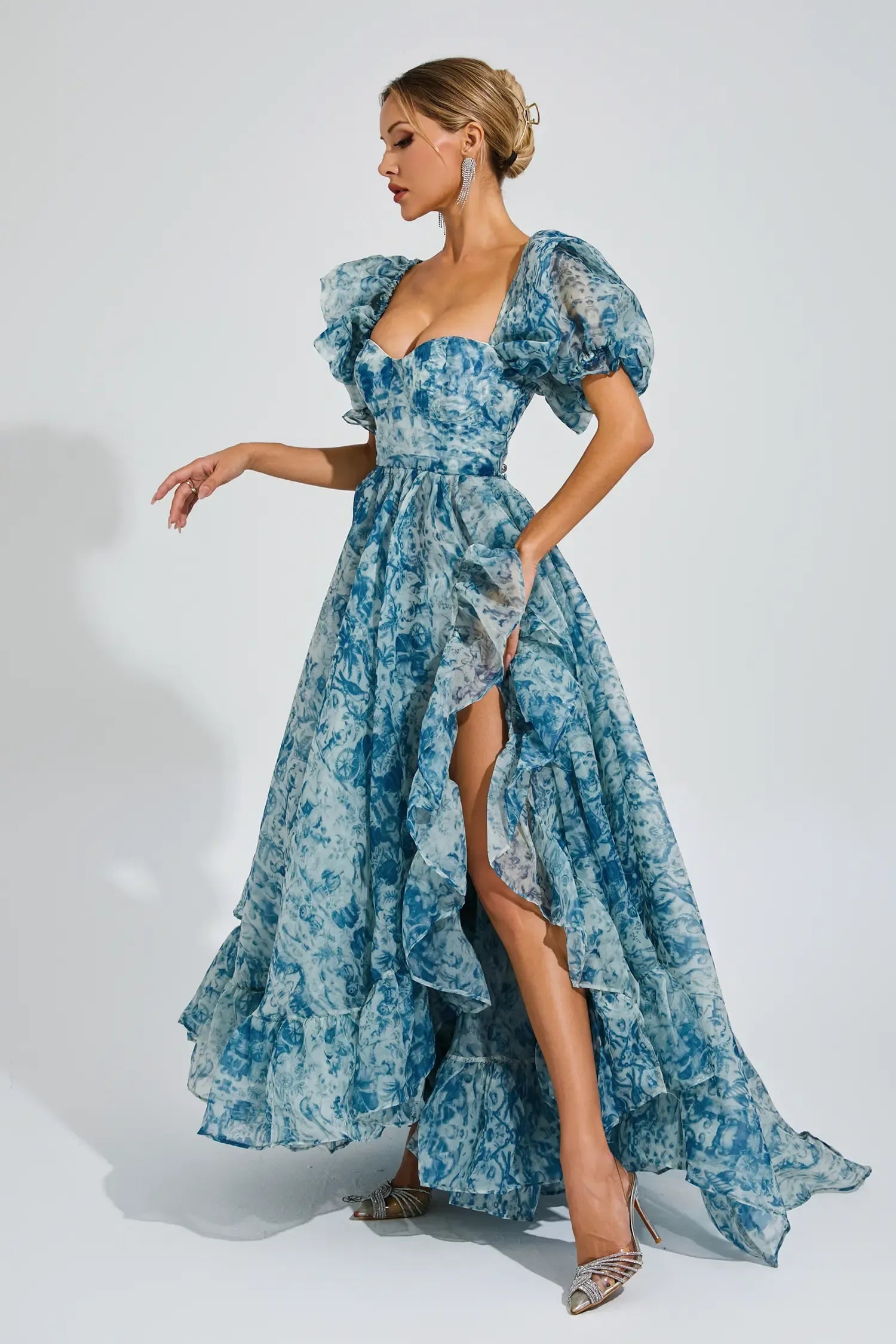 Neil Blue Slit Puff Sleeves Maxi Dress