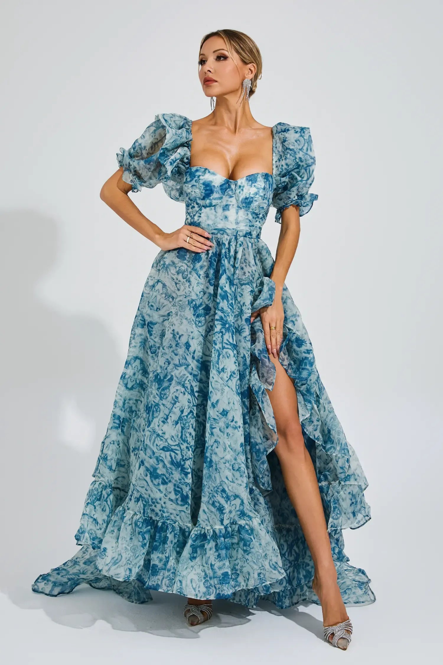 Neil Blue Slit Puff Sleeves Maxi Dress