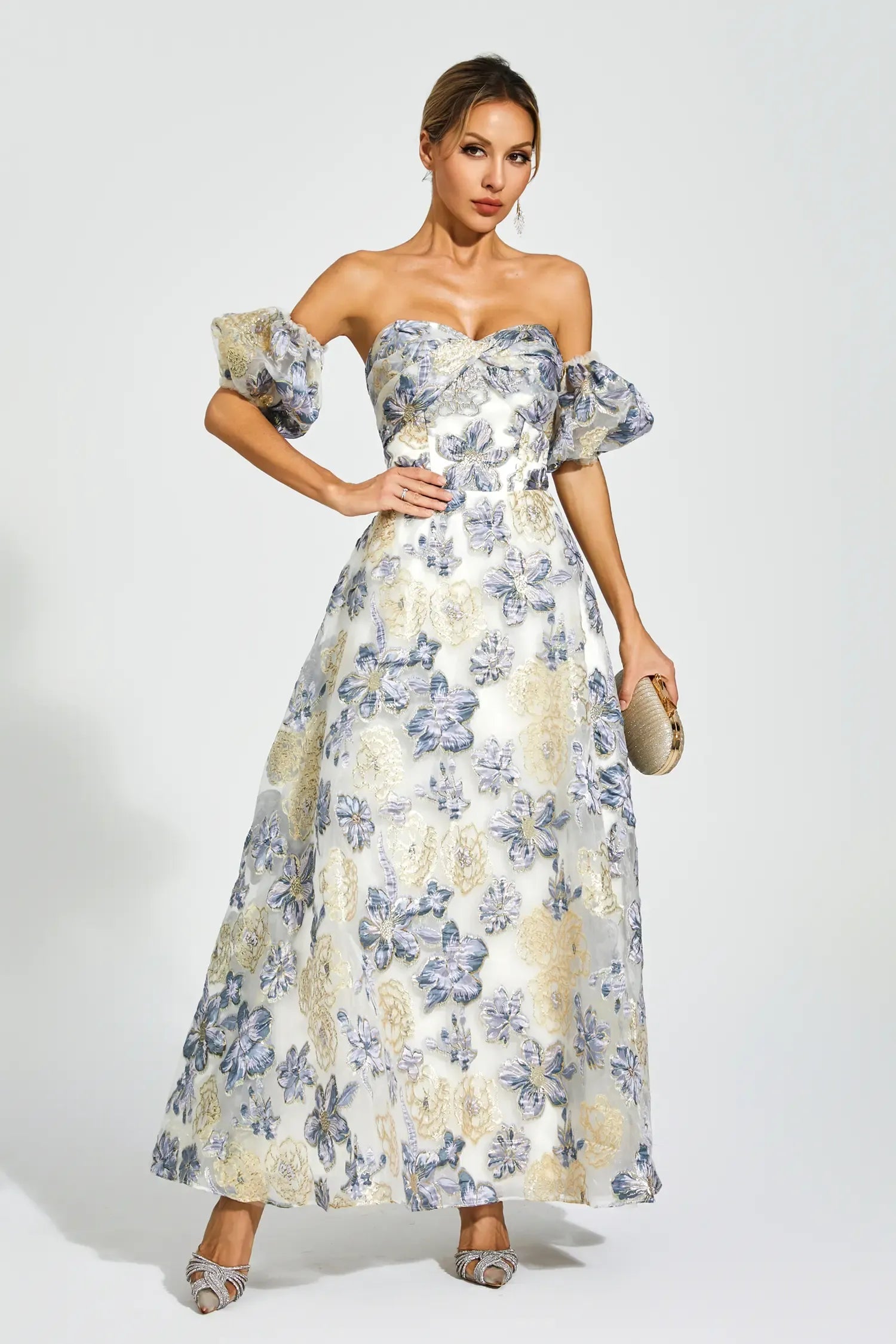 Reem Blue-Purple Flower Off Shoulder Dress