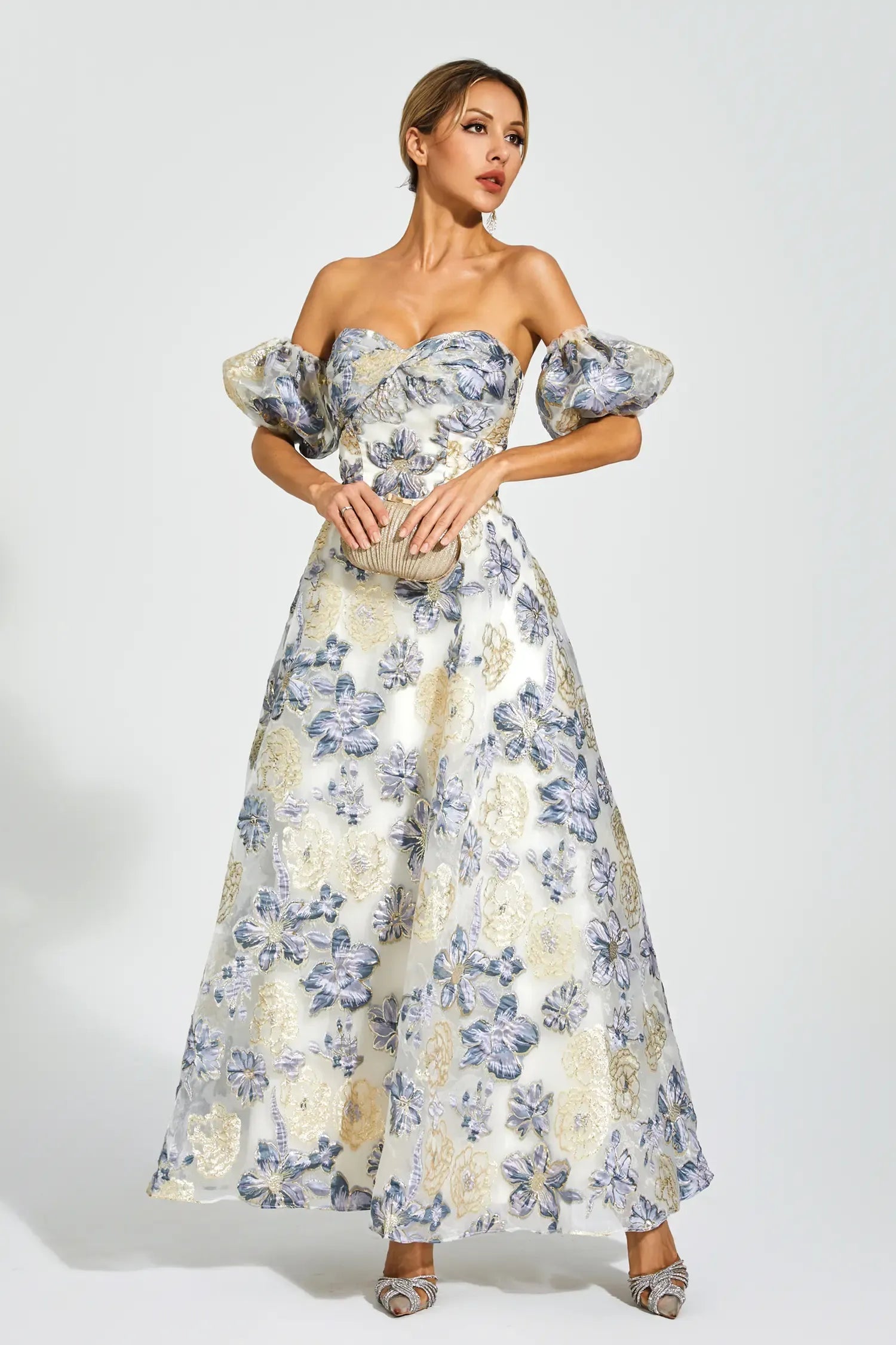 Reem Blue-Purple Flower Off Shoulder Dress