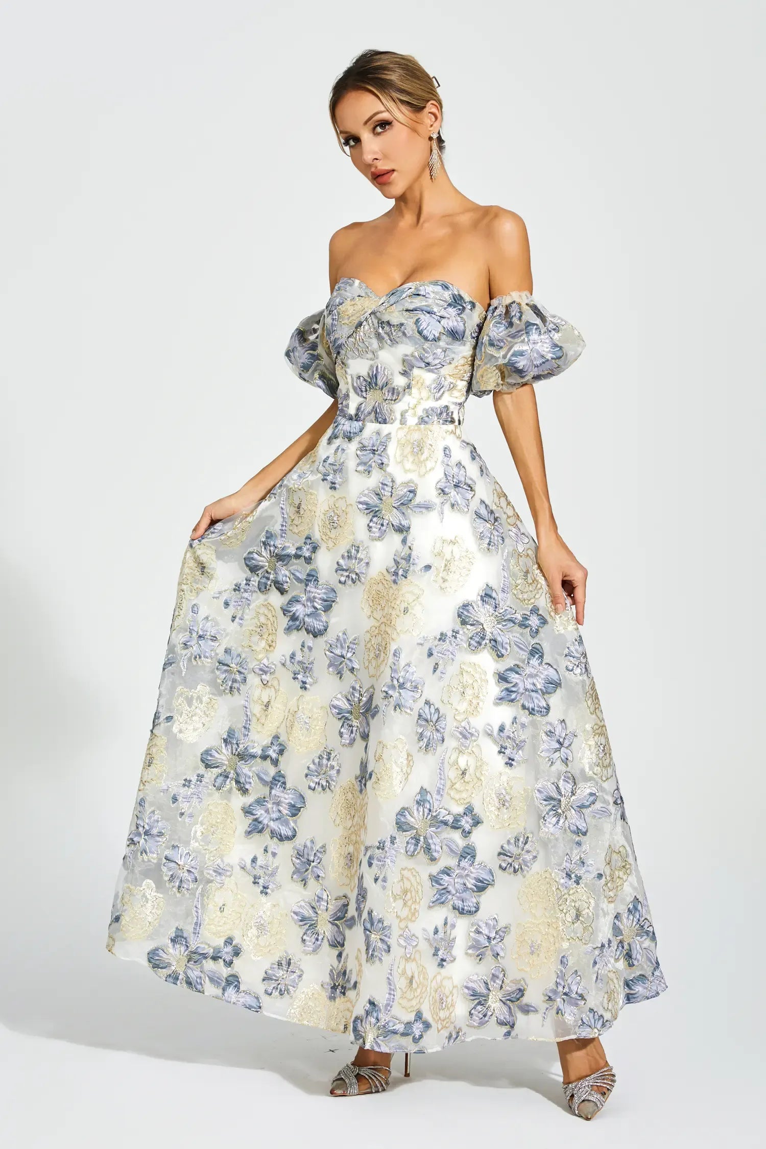 Reem Blue-Purple Flower Off Shoulder Dress