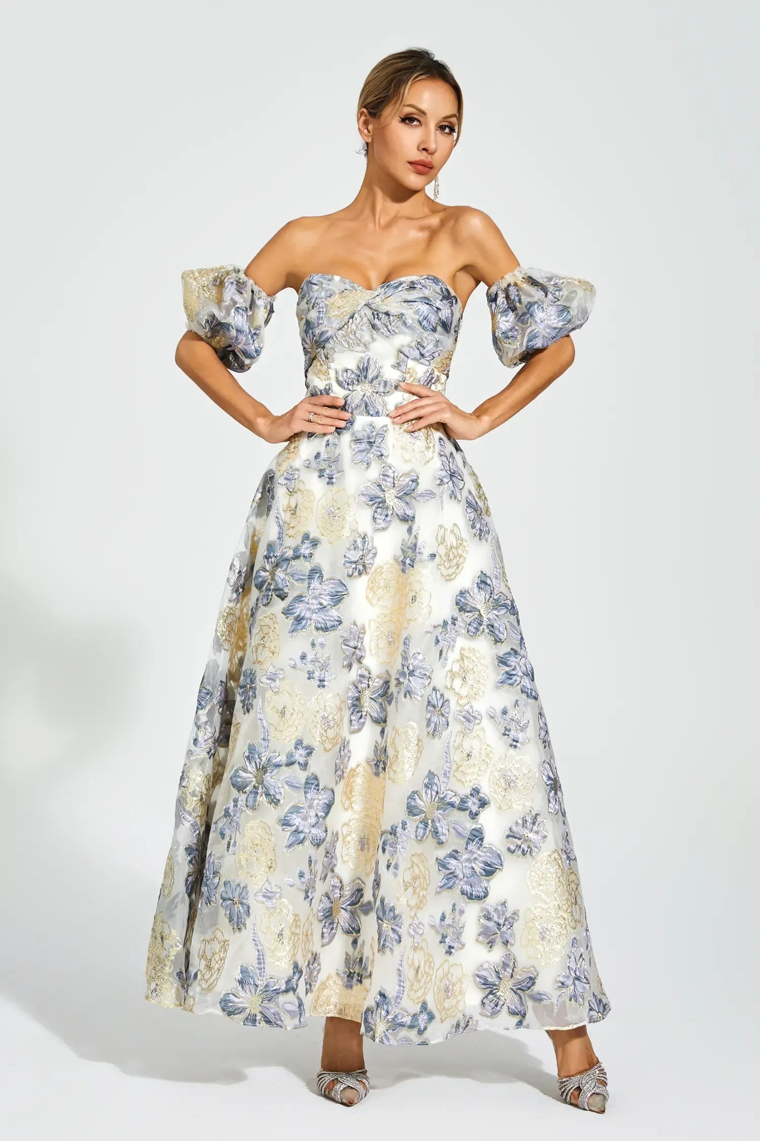 Reem Blue-Purple Flower Off Shoulder Dress