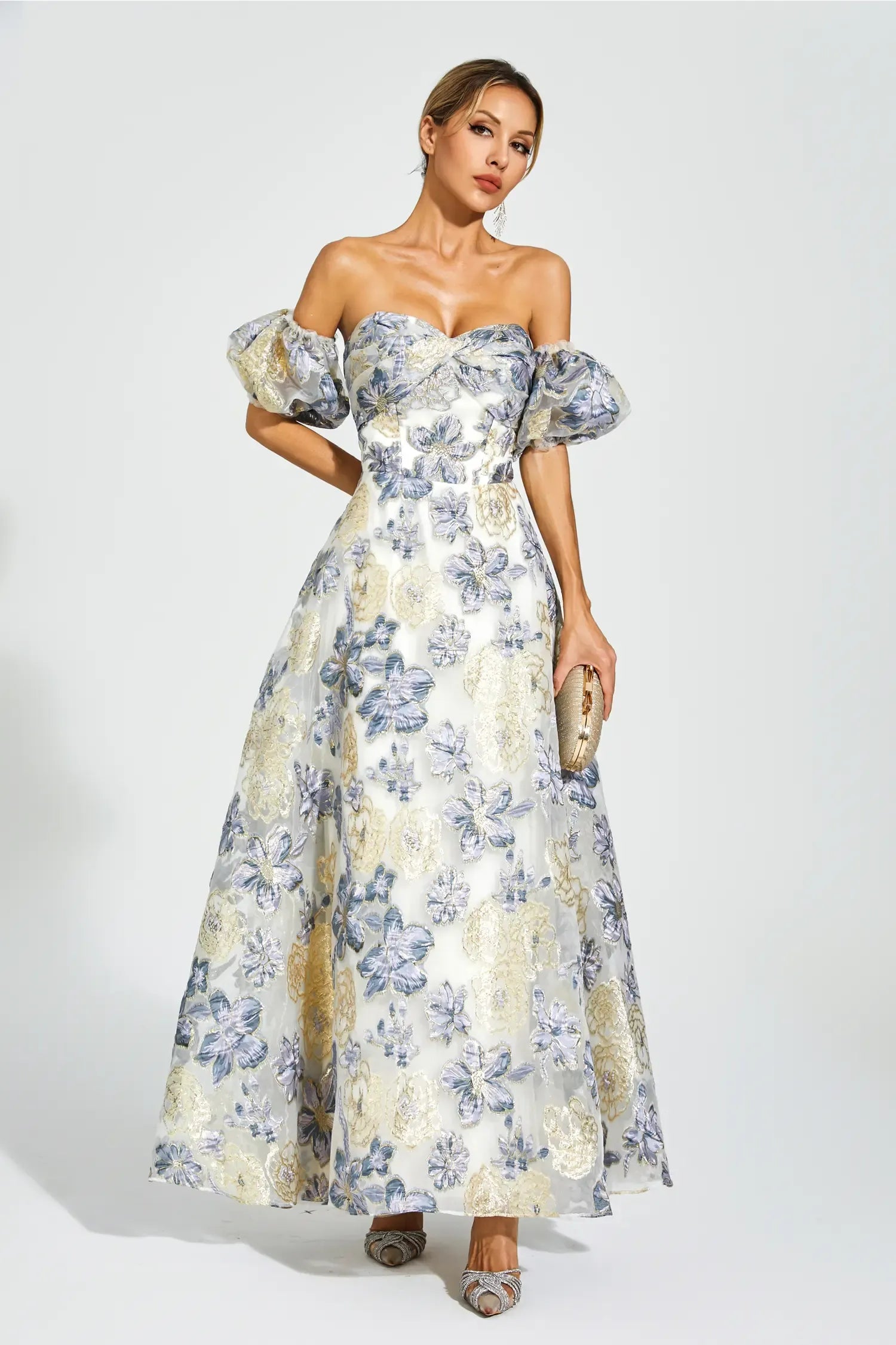 Reem Blue-Purple Flower Off Shoulder Dress