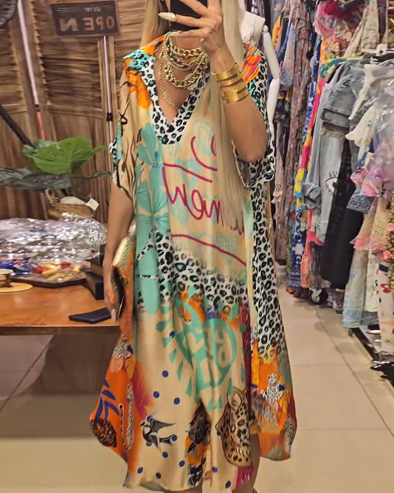 Casual leopard and colorful print deep V dress