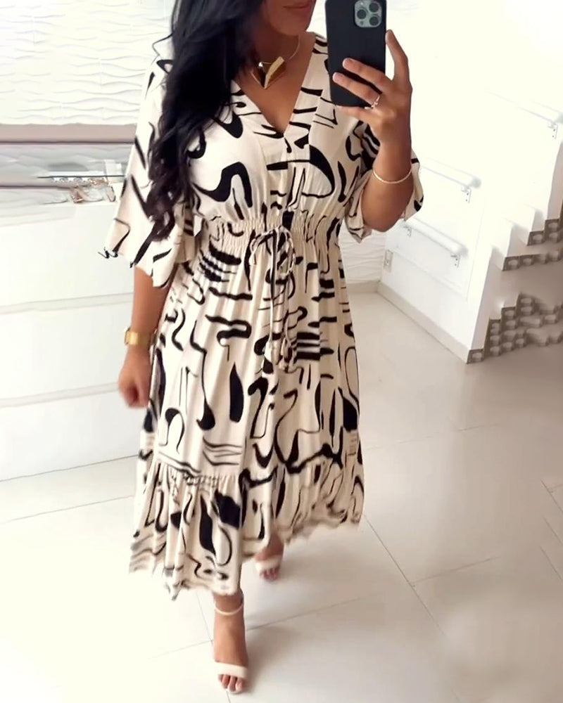 V-neck waist ink print dress