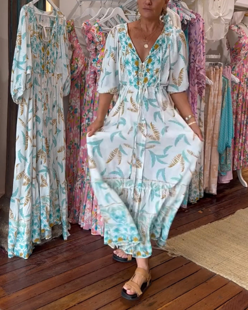 Women's V-neck leaf print maxi dress