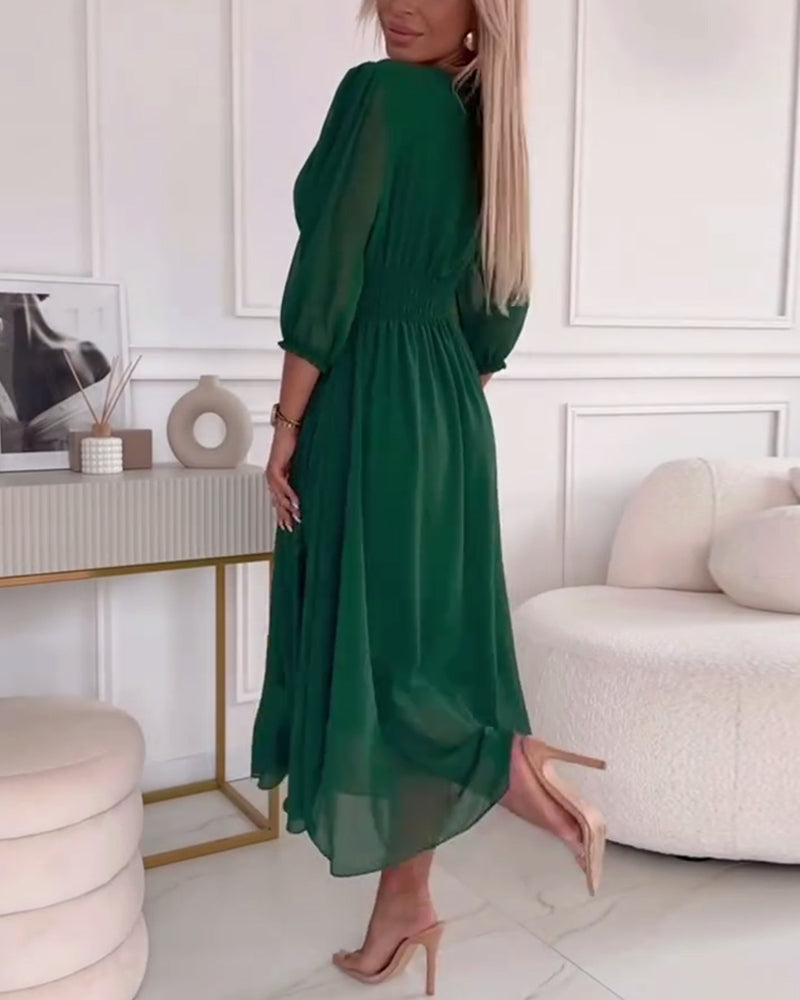 V-Neck Solid Color Waist Dress