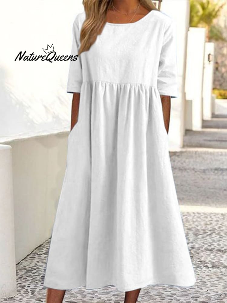 5-quarter Sleeve Casual Loose Solid Color Cotton and Linen Dress