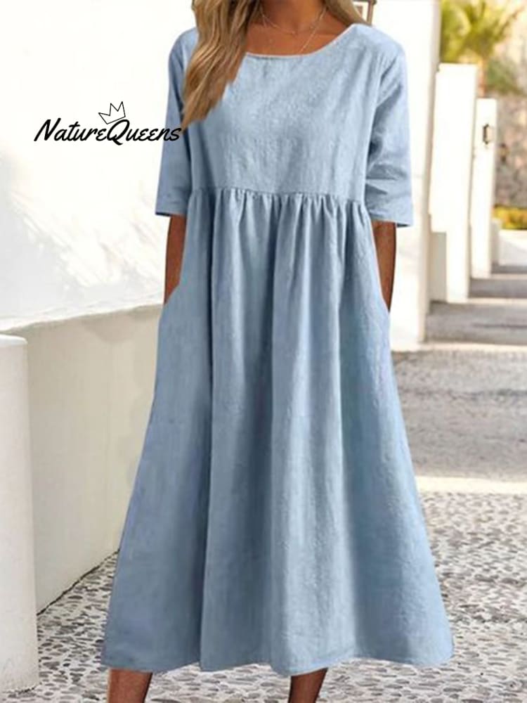 5-quarter Sleeve Casual Loose Solid Color Cotton and Linen Dress