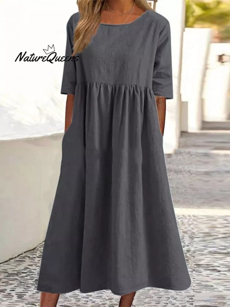 5-quarter Sleeve Casual Loose Solid Color Cotton and Linen Dress